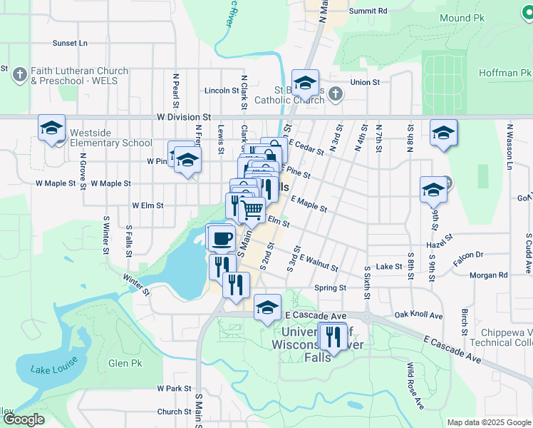 map of restaurants, bars, coffee shops, grocery stores, and more near in River Falls
