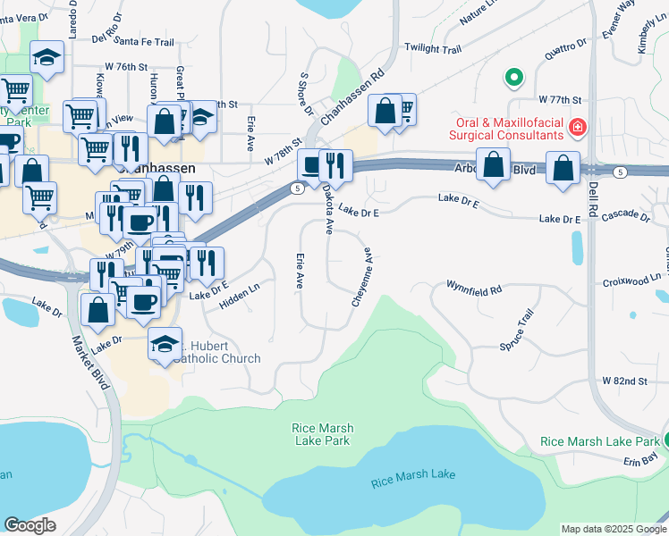 map of restaurants, bars, coffee shops, grocery stores, and more near 8009 Dakota Circle in Chanhassen