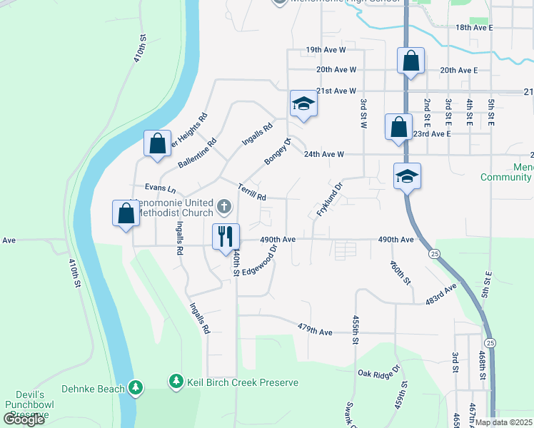 map of restaurants, bars, coffee shops, grocery stores, and more near 712 Terrill Road in Menomonie