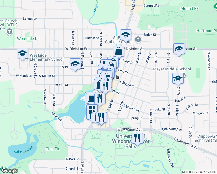 map of restaurants, bars, coffee shops, grocery stores, and more near in River Falls