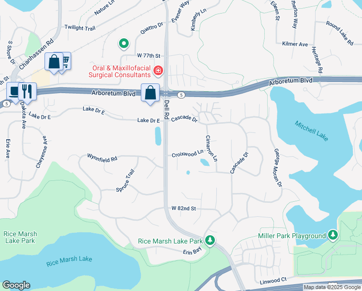 map of restaurants, bars, coffee shops, grocery stores, and more near 18316 Croixwood Lane in Eden Prairie