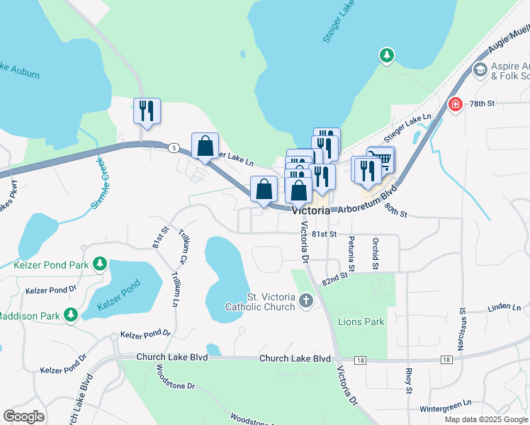 map of restaurants, bars, coffee shops, grocery stores, and more near 1855 80th Street in Victoria
