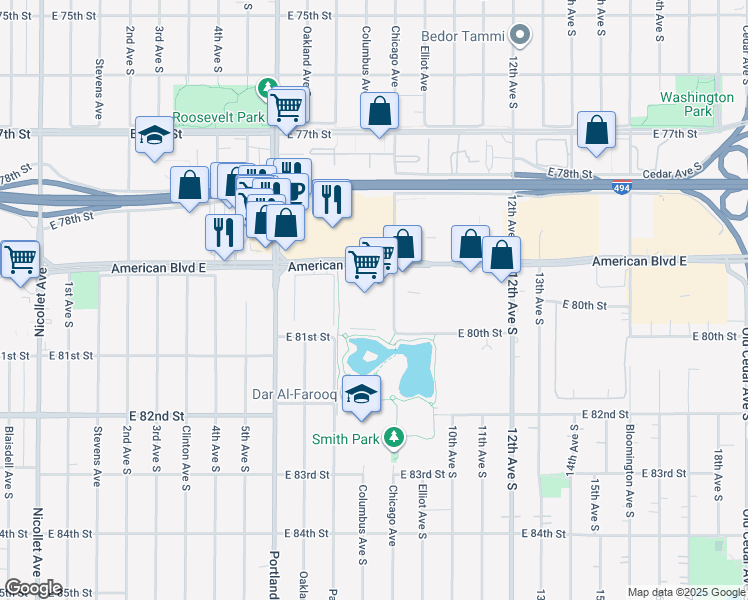 map of restaurants, bars, coffee shops, grocery stores, and more near 1001 East 80th Street in Minneapolis