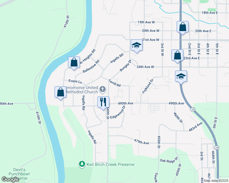 map of restaurants, bars, coffee shops, grocery stores, and more near 2614 Bongey Drive in Menomonie