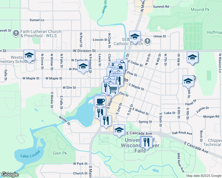 map of restaurants, bars, coffee shops, grocery stores, and more near 124 North Riverwalk Alley in River Falls