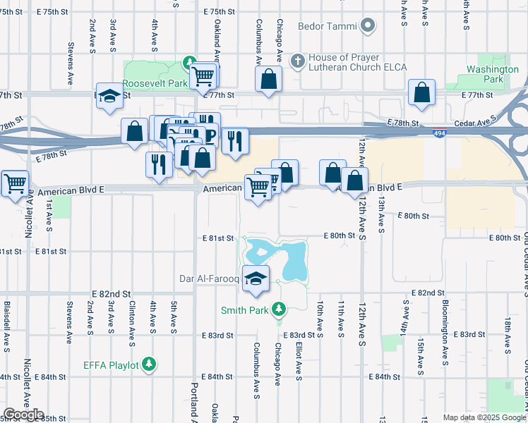map of restaurants, bars, coffee shops, grocery stores, and more near 7900 Chicago Avenue South in Minneapolis
