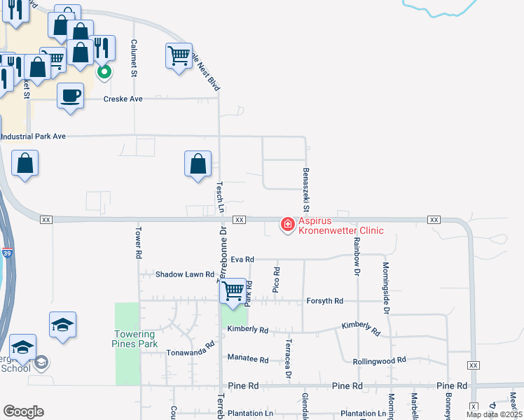 map of restaurants, bars, coffee shops, grocery stores, and more near 1810 County Road XX in Rothschild