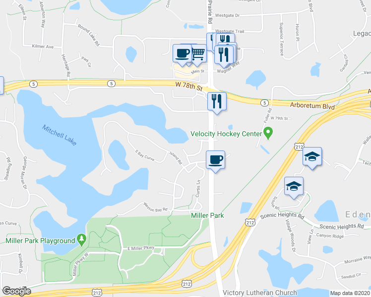 map of restaurants, bars, coffee shops, grocery stores, and more near 7996 Timber Lake Drive in Eden Prairie