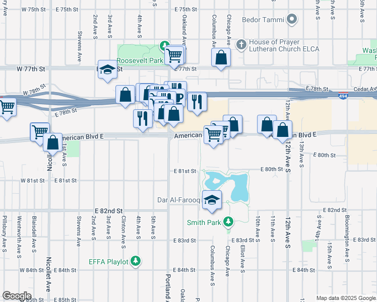 map of restaurants, bars, coffee shops, grocery stores, and more near 655 American Boulevard East in Minneapolis