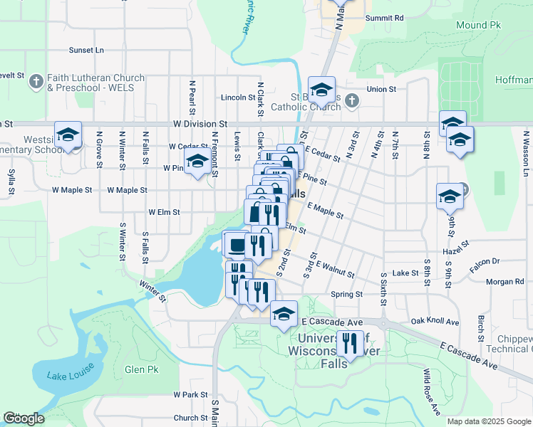 map of restaurants, bars, coffee shops, grocery stores, and more near 124 North Riverwalk Alley in River Falls