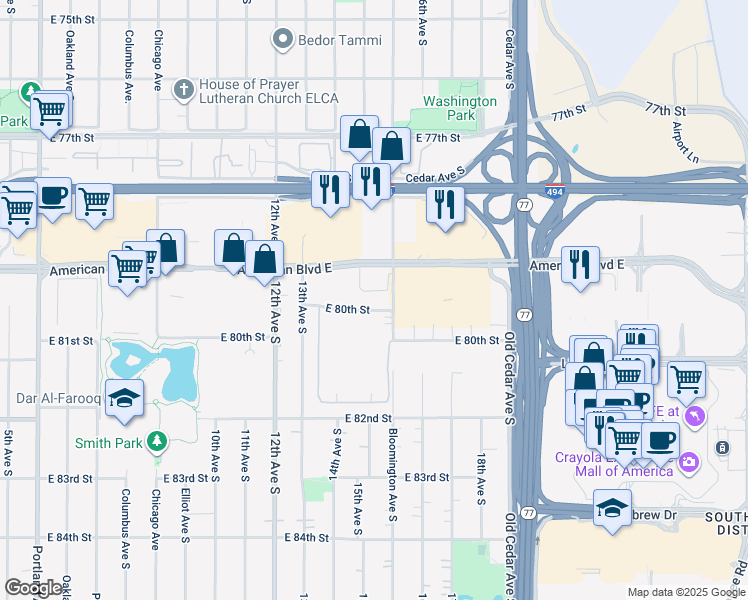 map of restaurants, bars, coffee shops, grocery stores, and more near 7948 Bloomington Avenue South in Bloomington