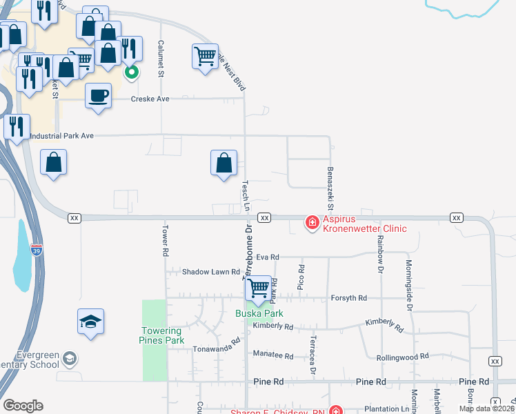 map of restaurants, bars, coffee shops, grocery stores, and more near 1810 County Highway XX in Rothschild