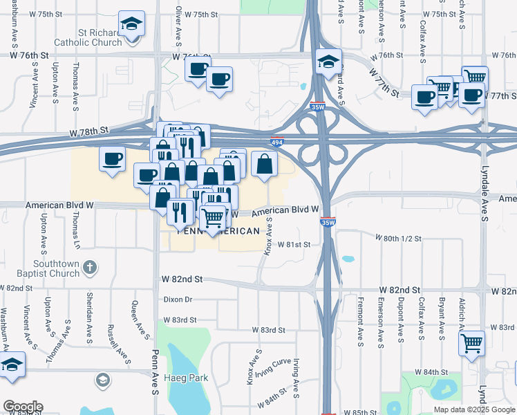 map of restaurants, bars, coffee shops, grocery stores, and more near 1838 American Boulevard West in Bloomington