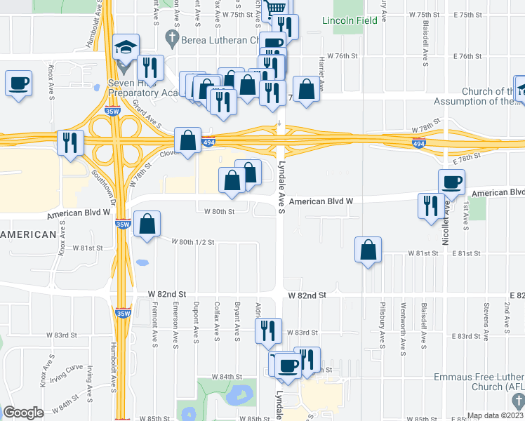 map of restaurants, bars, coffee shops, grocery stores, and more near 7900 Lyndale Ave S in Minneapolis