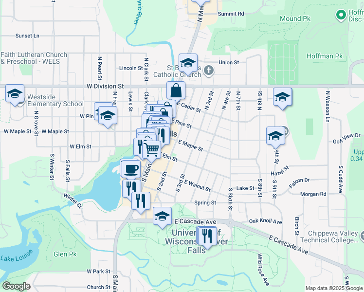 map of restaurants, bars, coffee shops, grocery stores, and more near 214 East Maple Street in River Falls