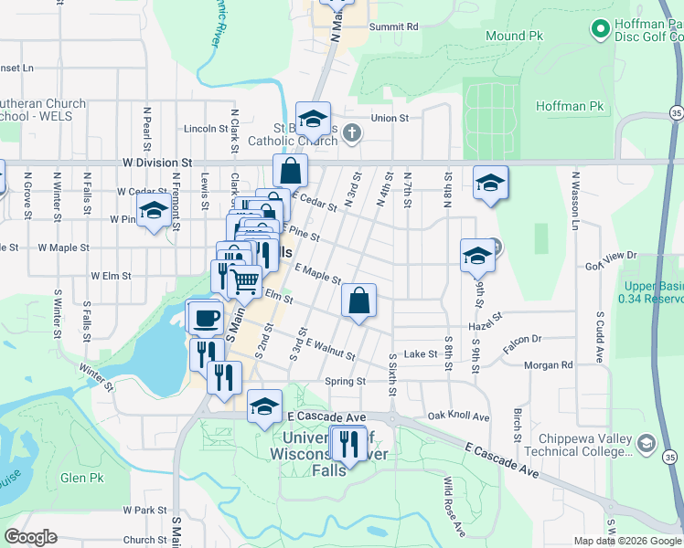 map of restaurants, bars, coffee shops, grocery stores, and more near 303 East Maple Street in River Falls