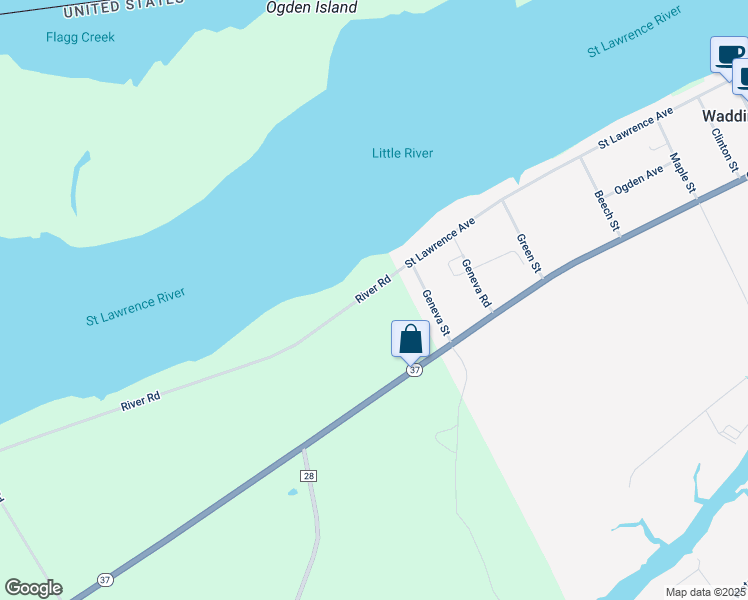 map of restaurants, bars, coffee shops, grocery stores, and more near 119 River Road in Waddington