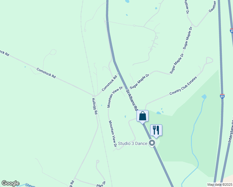 map of restaurants, bars, coffee shops, grocery stores, and more near 17 Mountain View Drive in Swanton