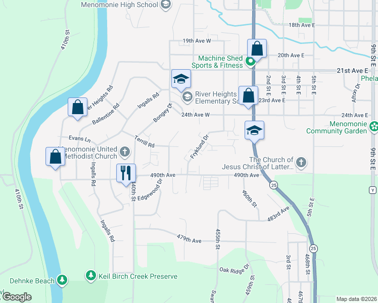 map of restaurants, bars, coffee shops, grocery stores, and more near 2613 Fryklund Drive in Menomonie