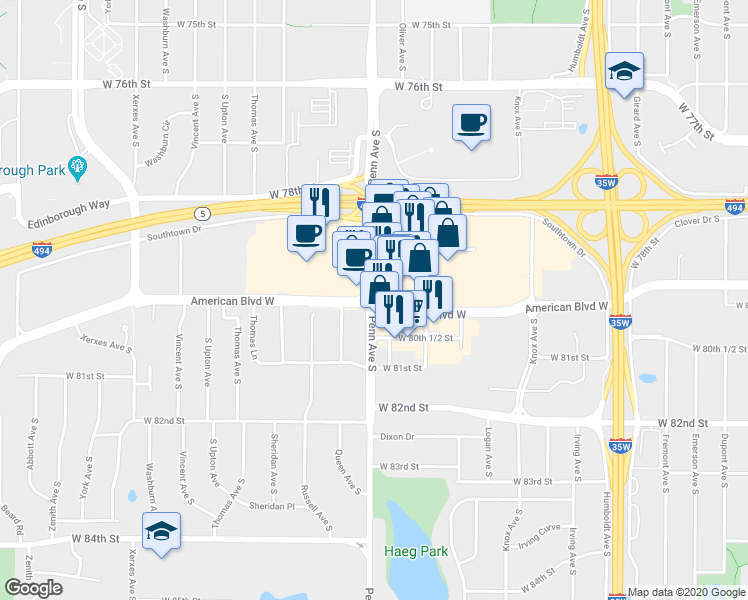 map of restaurants, bars, coffee shops, grocery stores, and more near 8001 Penn Avenue South in Bloomington