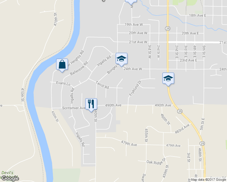 map of restaurants, bars, coffee shops, grocery stores, and more near 702 Terrill Road in Menomonie