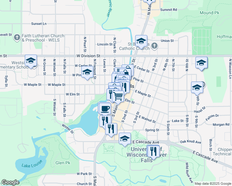 map of restaurants, bars, coffee shops, grocery stores, and more near 124 North Riverwalk Alley in River Falls