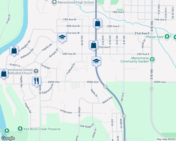 map of restaurants, bars, coffee shops, grocery stores, and more near 308 Micheels Lane in Menomonie