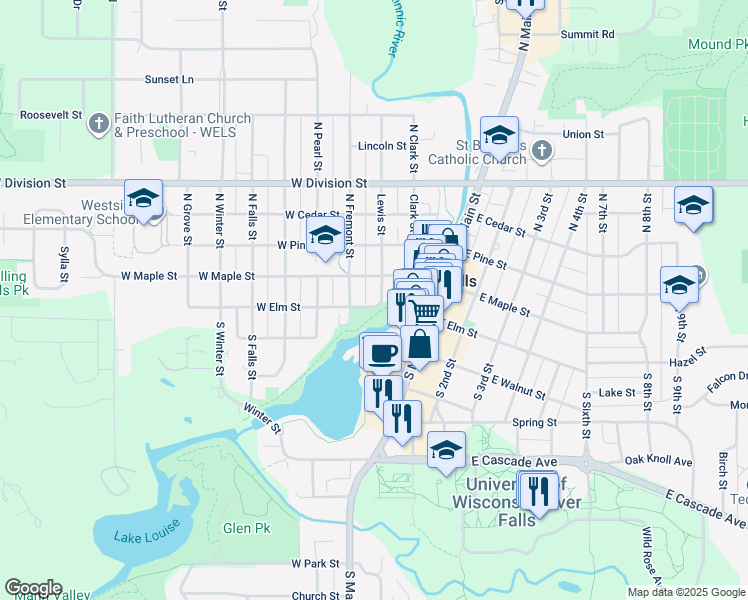 map of restaurants, bars, coffee shops, grocery stores, and more near 103 Lewis Street in River Falls