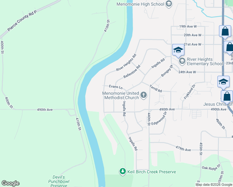 map of restaurants, bars, coffee shops, grocery stores, and more near 1201 Ingalls Road in Menomonie