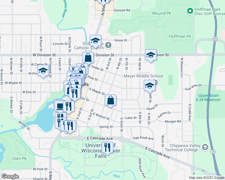 map of restaurants, bars, coffee shops, grocery stores, and more near 220 North 4th Street in River Falls