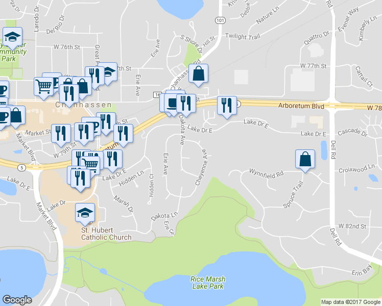 map of restaurants, bars, coffee shops, grocery stores, and more near 8009 Dakota Circle in Chanhassen