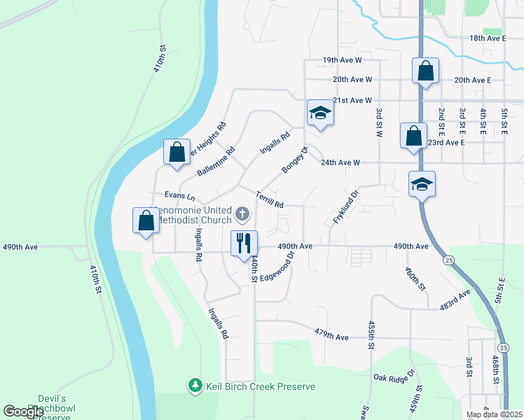 map of restaurants, bars, coffee shops, grocery stores, and more near 2614 Bongey Drive in Menomonie