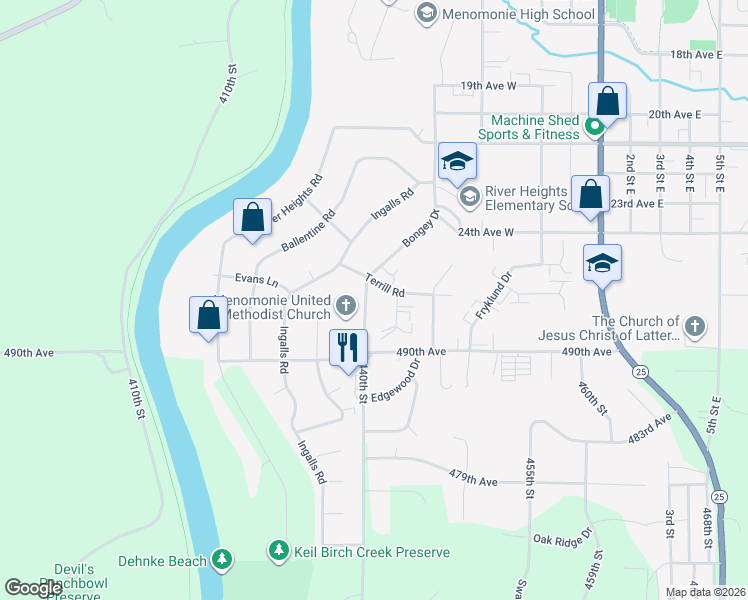 map of restaurants, bars, coffee shops, grocery stores, and more near 2614 Bongey Drive in Menomonie
