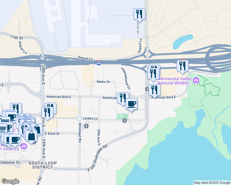 map of restaurants, bars, coffee shops, grocery stores, and more near 3050 Metro Drive in Bloomington