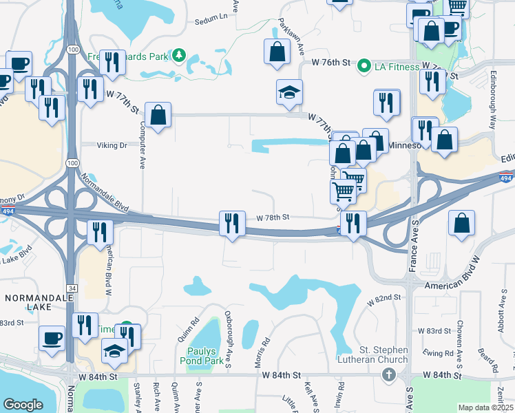 map of restaurants, bars, coffee shops, grocery stores, and more near 4460 West 78th Street Circle in Bloomington