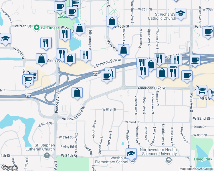 map of restaurants, bars, coffee shops, grocery stores, and more near 7900 Xerxes Avenue South in Bloomington