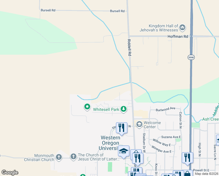map of restaurants, bars, coffee shops, grocery stores, and more near 5235 Riddell Road in Monmouth