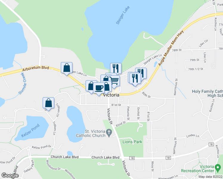 map of restaurants, bars, coffee shops, grocery stores, and more near 1742 Arboretum Boulevard in Victoria