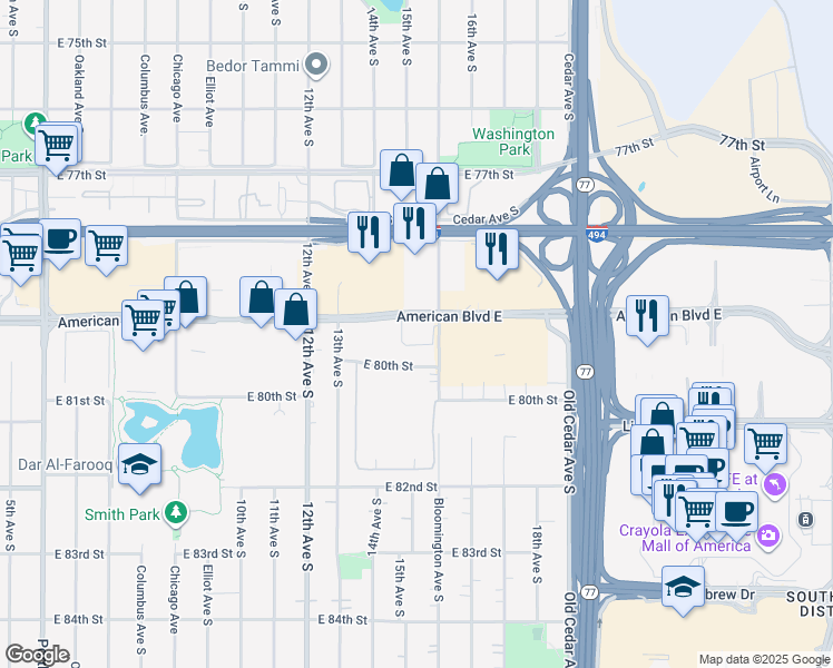 map of restaurants, bars, coffee shops, grocery stores, and more near 7948 Bloomington Avenue South in Bloomington