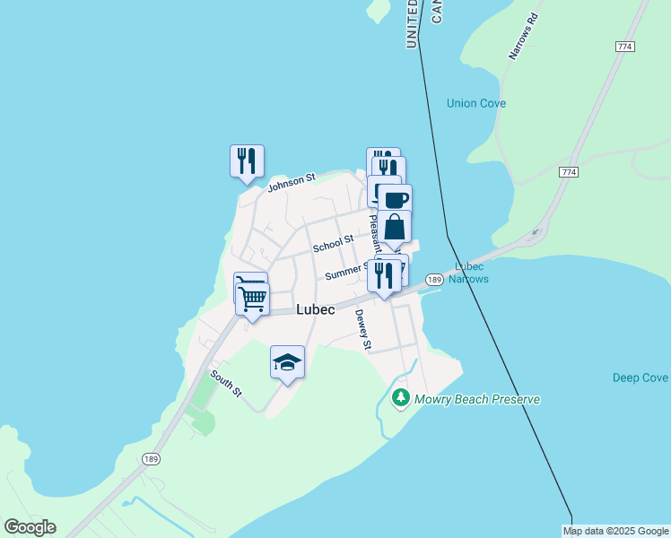 map of restaurants, bars, coffee shops, grocery stores, and more near 7 Mulholland Lane in Lubec