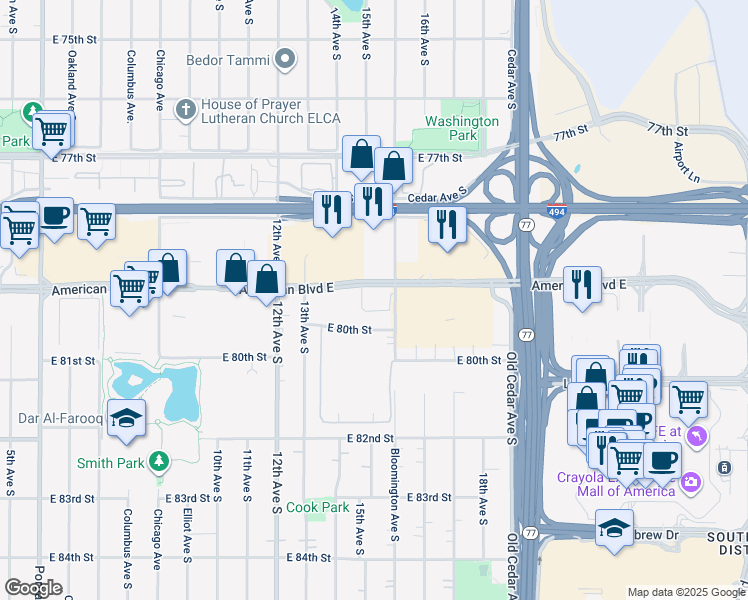 map of restaurants, bars, coffee shops, grocery stores, and more near 1501 American Boulevard East in Minneapolis