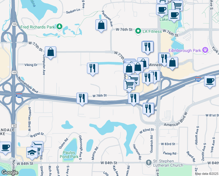 map of restaurants, bars, coffee shops, grocery stores, and more near 4400 West 78th Street in Bloomington