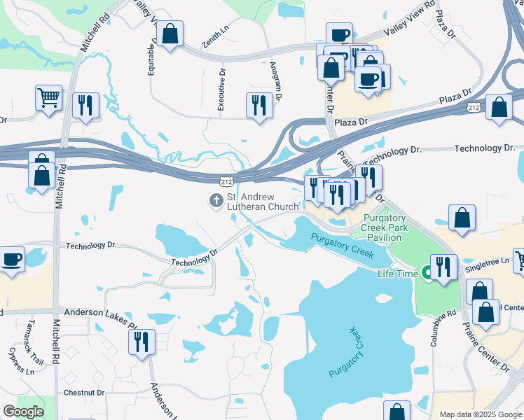 map of restaurants, bars, coffee shops, grocery stores, and more near 13580 Technology Drive in Eden Prairie