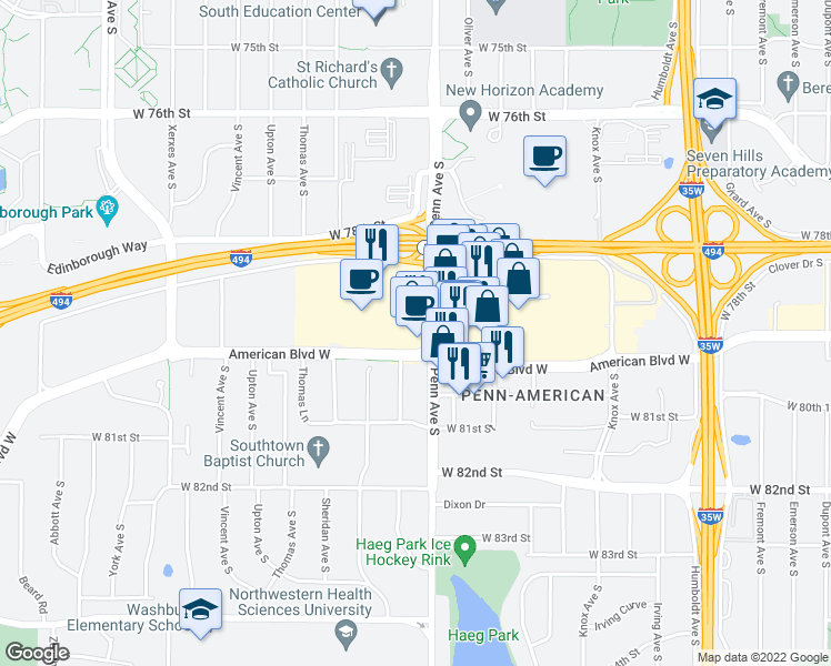 map of restaurants, bars, coffee shops, grocery stores, and more near 7942 Penn Avenue South in Bloomington