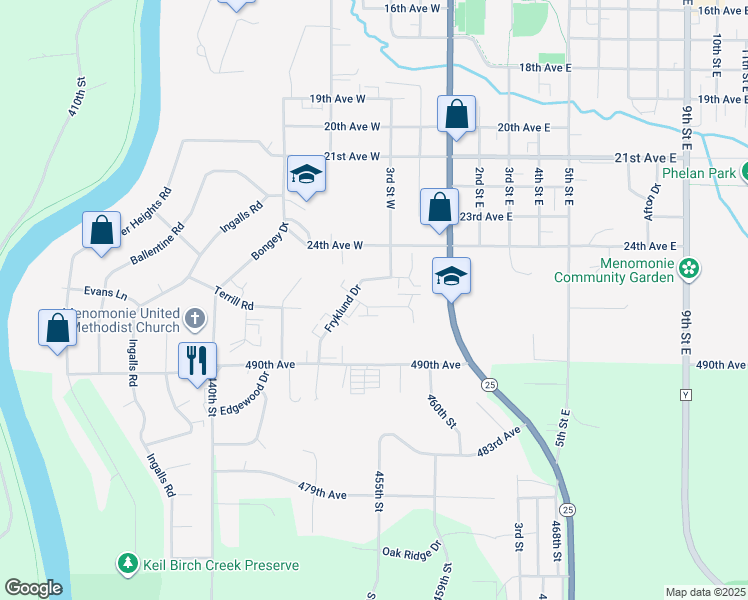map of restaurants, bars, coffee shops, grocery stores, and more near 320 Micheels Lane in Menomonie
