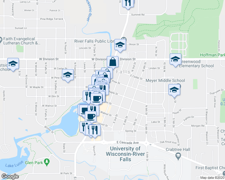 map of restaurants, bars, coffee shops, grocery stores, and more near 214 East Maple Street in River Falls