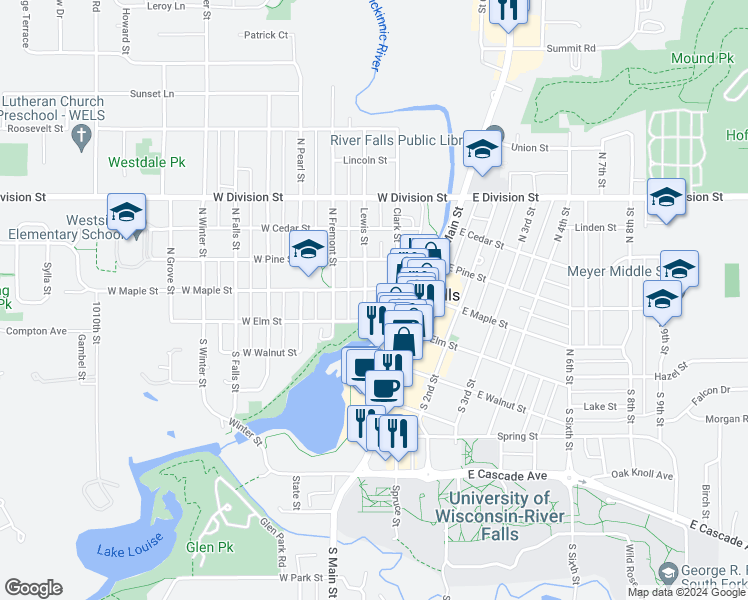map of restaurants, bars, coffee shops, grocery stores, and more near 103 Lewis Street in River Falls