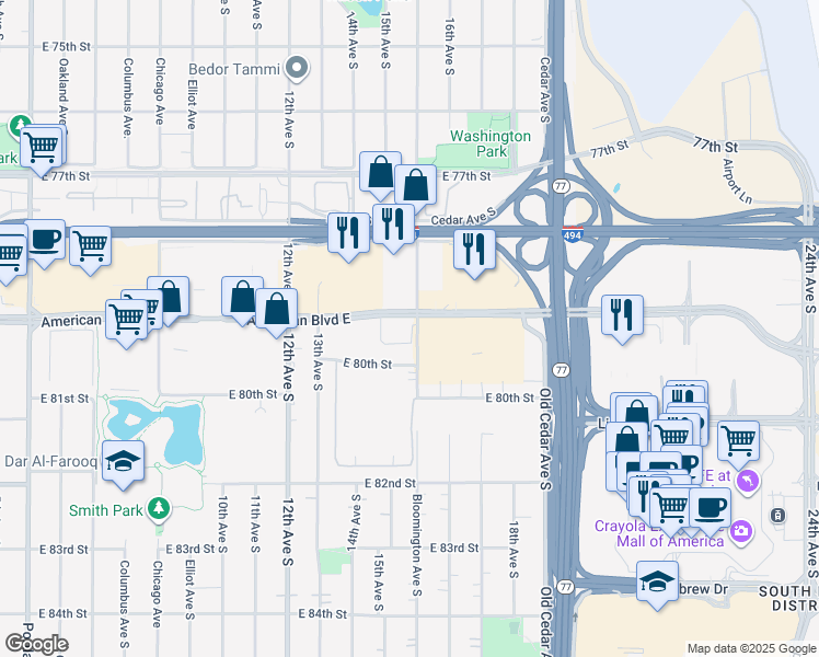 map of restaurants, bars, coffee shops, grocery stores, and more near 7948 Bloomington Avenue South in Bloomington