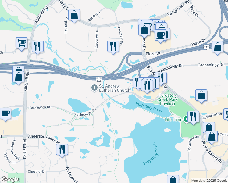 map of restaurants, bars, coffee shops, grocery stores, and more near 13580 Technology Drive in Eden Prairie