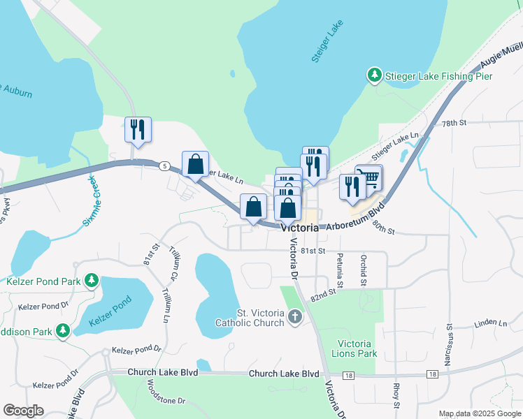 map of restaurants, bars, coffee shops, grocery stores, and more near 7980 Rose Street in Victoria